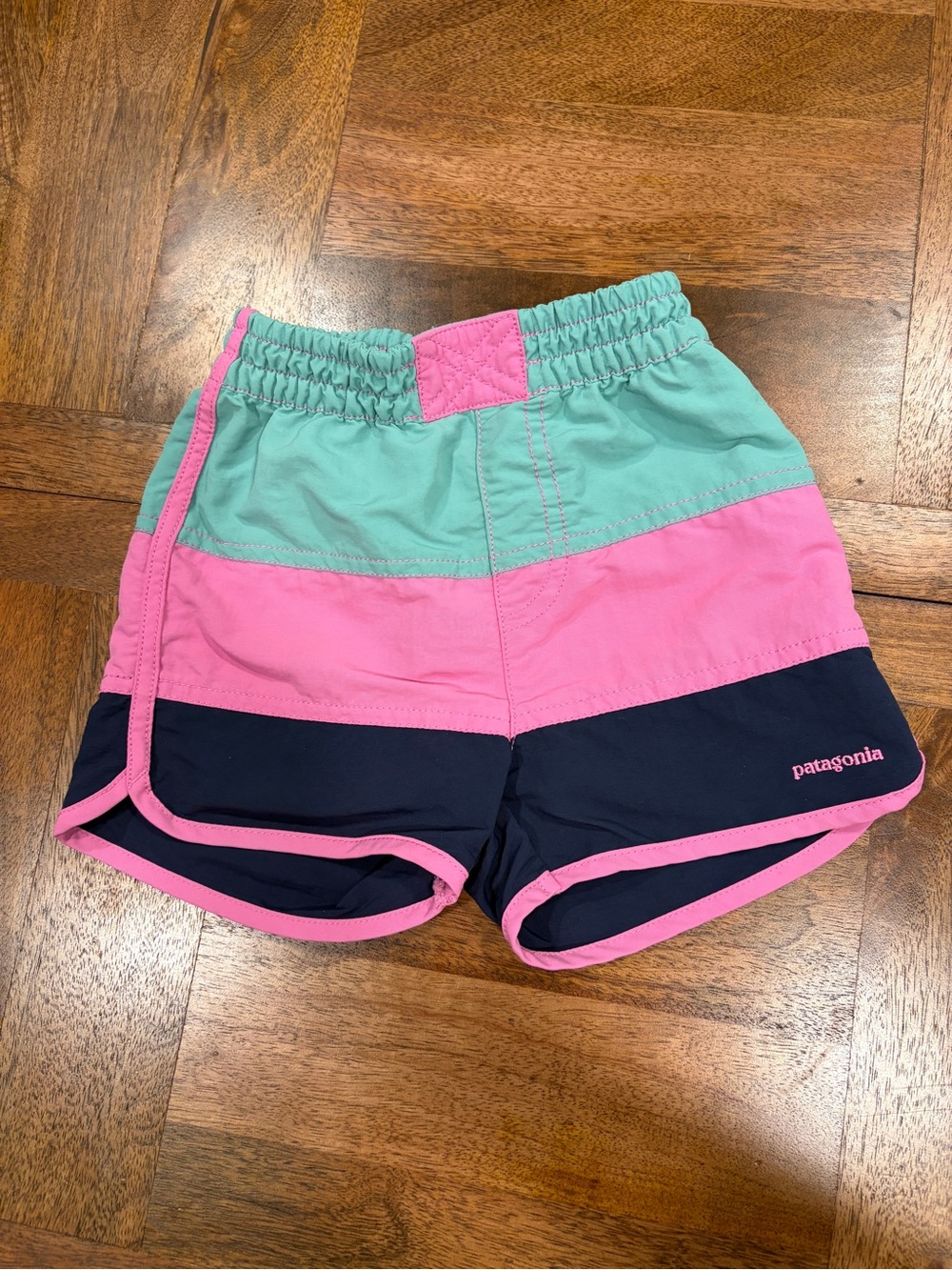 Patagonia Boys Colorblock Swim Trunks in Mint, Pink & Navy Elastic Waist Size 4T